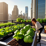 Rooftop garden in a bustling city, diverse vegetables and herbs growing in containers, surrounded by skyscrapers, warm sunlight, a person enjoying coffee.