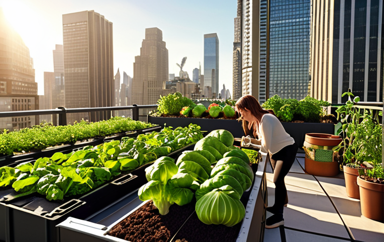 Rooftop garden in a bustling city, diverse vegetables and herbs growing in containers, surrounded by skyscrapers, warm sunlight, a person enjoying coffee.